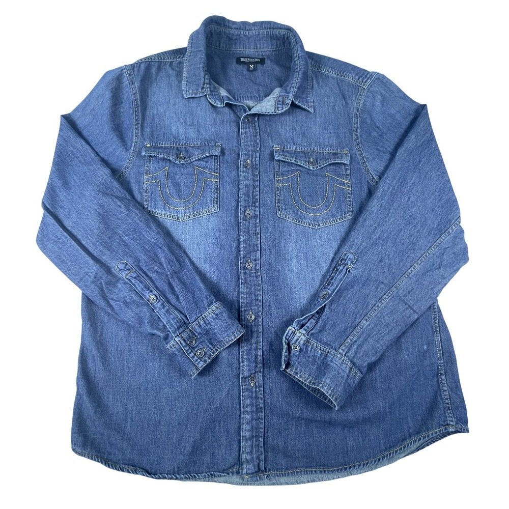True Religion Denim Shirt Mens L Blue Chambray Shirt Western Horseshoe Pockets